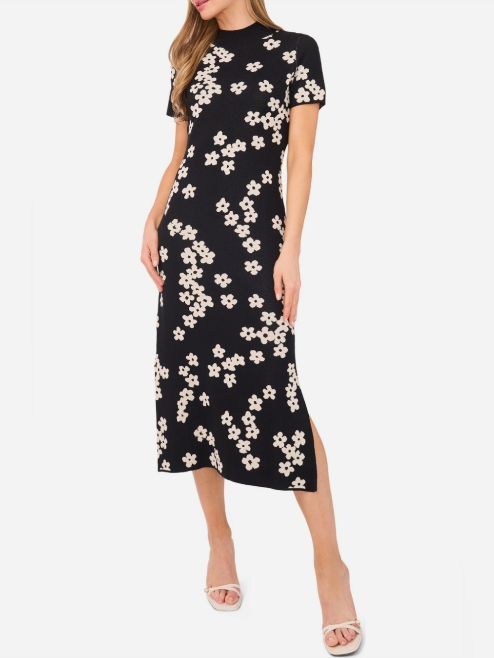 CeCe Knit Floral Jacquard Print Round Neck Short Sleeve Midi Dress